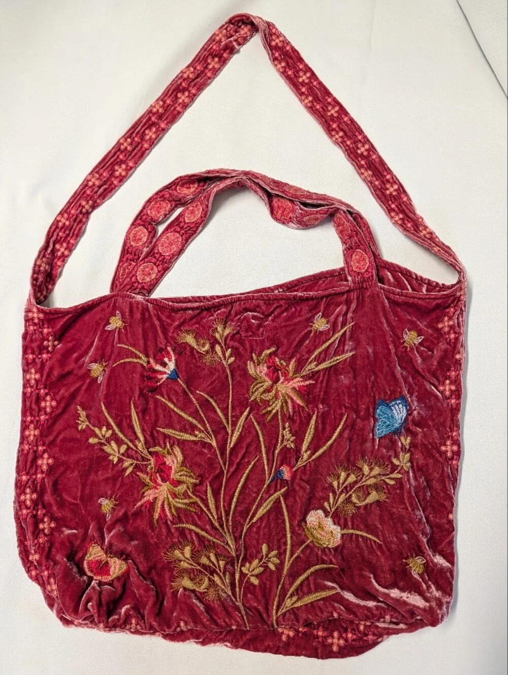 Johnny Was Aria Velvet Silk Embroidered Butterfly & Bee Floral Tote Shoulder Bag